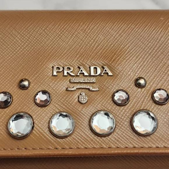 Authentic PRADA Saffiano Patent Leather Vernice Crystal Studded Flap Long Wallet - Picture 2 of 11